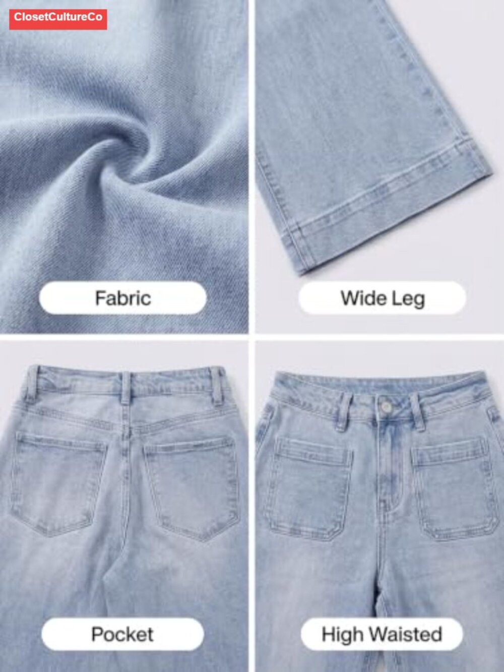 Women's High Waisted Wide Leg Jeans Stretch Denim Retro Patch Pockets - Picture 4 of 6